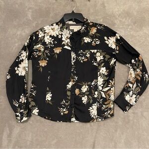 Saltwater Luxe Artsy Women's Sz S Black- Floral Long Sleeve Button Down Blouse
